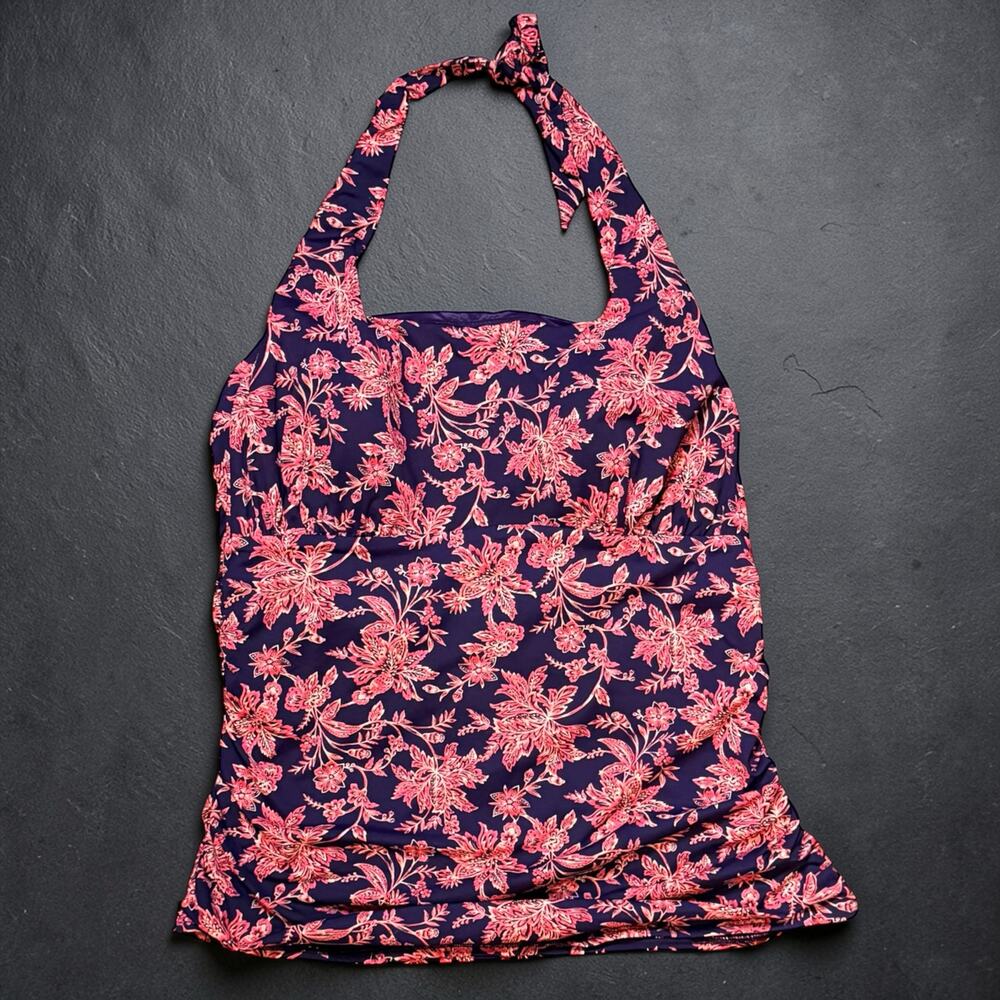 Lands’ End Swimsuit Top Womens Red Plum Floral Halter Square Neck Tankini 18 D